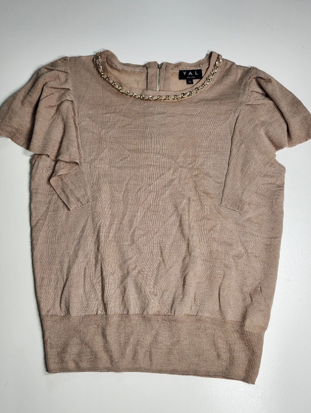 YAL New York Beige Knit Top Gold Chain Neck Ruffle Sleeve XL Business Casual